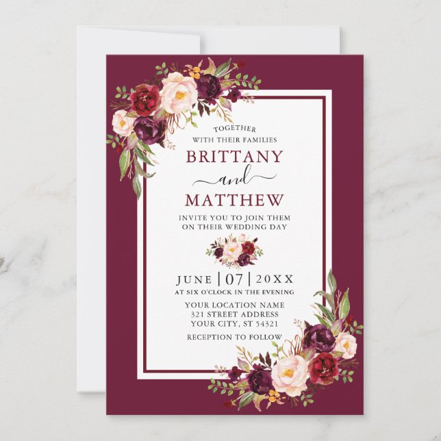Invitación Marco de acuarela floral burgundy para boda (Anverso)