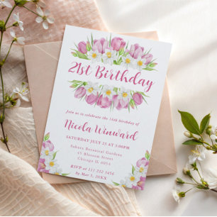 Invitación Marco de Acuarela Tulipanes y Narcisos Cumpleaños