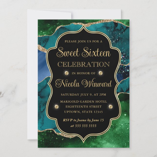 Invitación Marco de Ágata con Brillo Azul, Verde y Dorado Dul (Anverso)