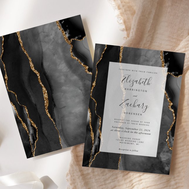 Invitación Marco de Ágata Moderno Boda Negro Oro (Subido por el creador)