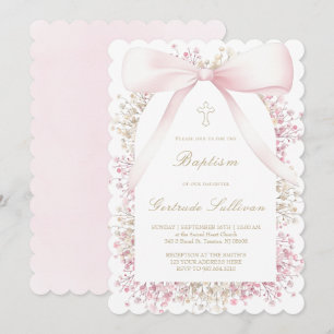 Invitación marco de aliento de bebé lazo rosa Bautizo