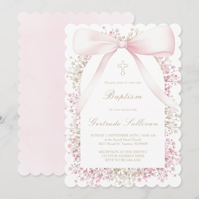 Invitación marco de aliento de bebé lazo rosa | Bautizo (Anverso / Reverso)