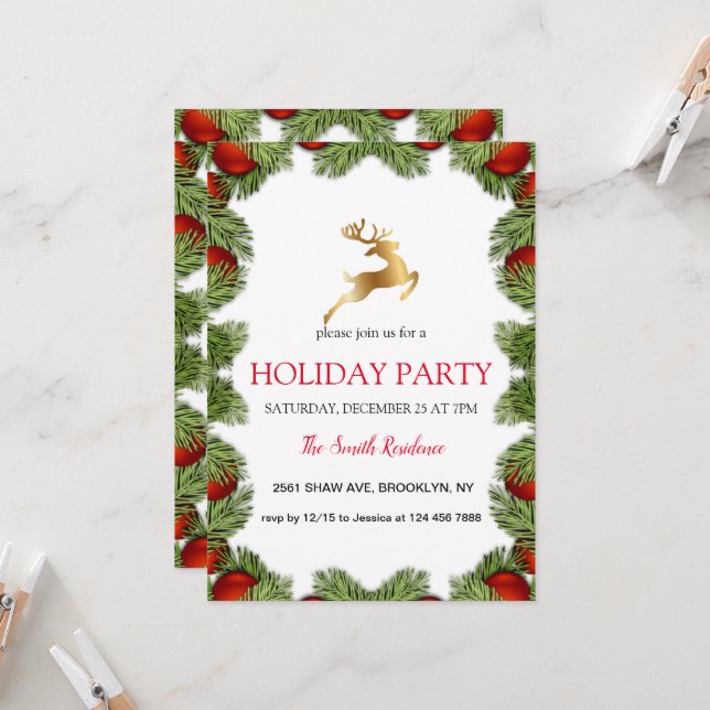 Invitación Marco de árbol de Navidad, reno dorado (Anverso/Reverso In Situ)