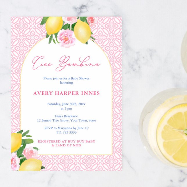 Invitación Marco de Arco Ciao Bambina Limones Fiesta de Bebé  (Ciao Bambina Italian inspired summer baby shower for girl invitation)