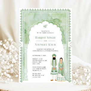 Invitación Marco de Arco de Acuarela Verde Salvia Boda Sikh