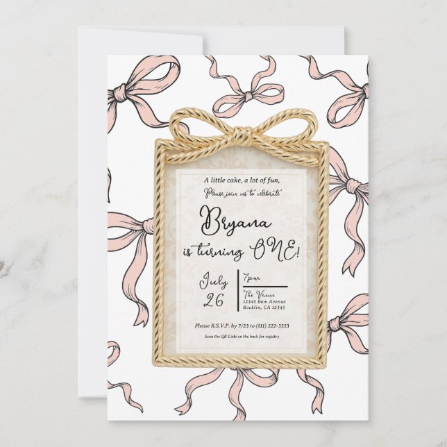 Invitación Marco de arco de oro lazo rosa cumpleaños 1 (Anverso)
