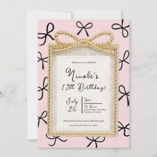 Invitación Marco de arco de oro y lazos negros pequeños Cumpl