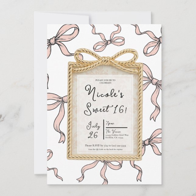 Invitación Marco de arco dorado con lazo de cinta rosa Dulces (Anverso)
