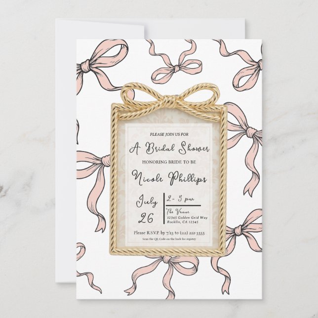 Invitación Marco de arco dorado con lazo de cinta rosa para d (Anverso)