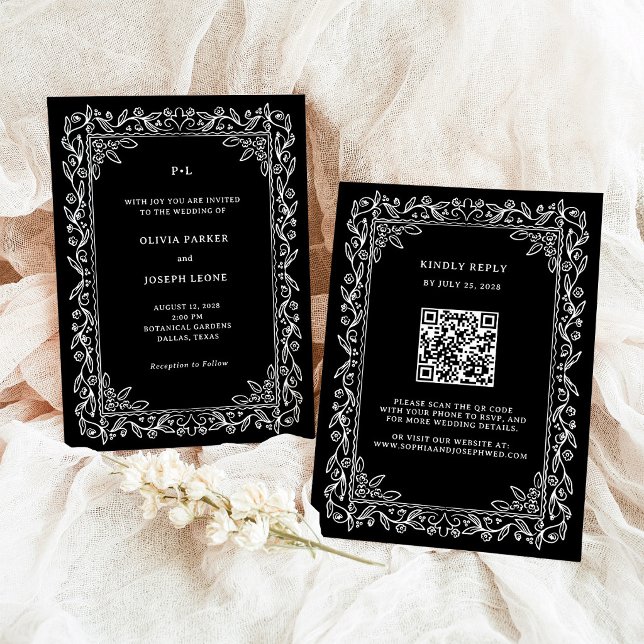 Invitación Marco de arte de línea botánica | Boda de código Q (Subido por el creador)