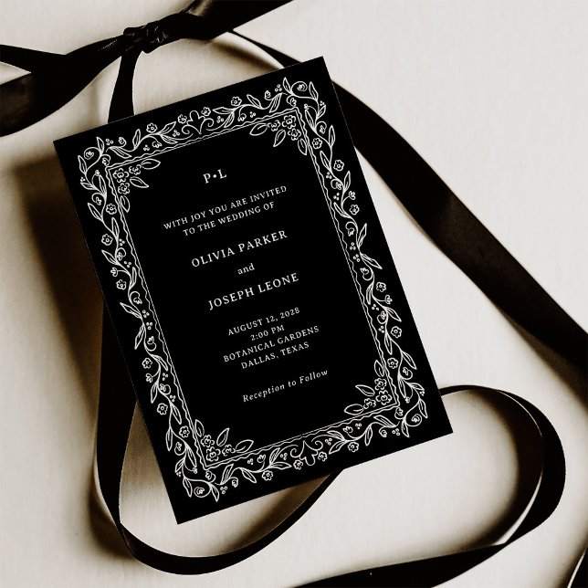 Invitación Marco de Arte de Línea Botánica | Negro (Subido por el creador)