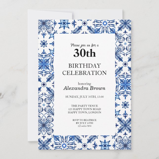 Invitación Marco de Baldosa Mediterráneo Cumpleaños 30 Foto F (Anverso)