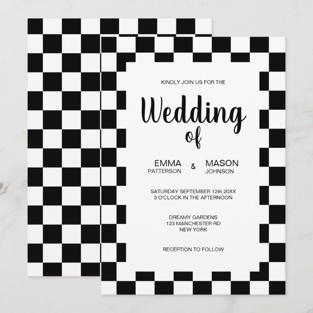 Invitación Marco de baldosas clásicas en blanco y negro (Anverso / Reverso)