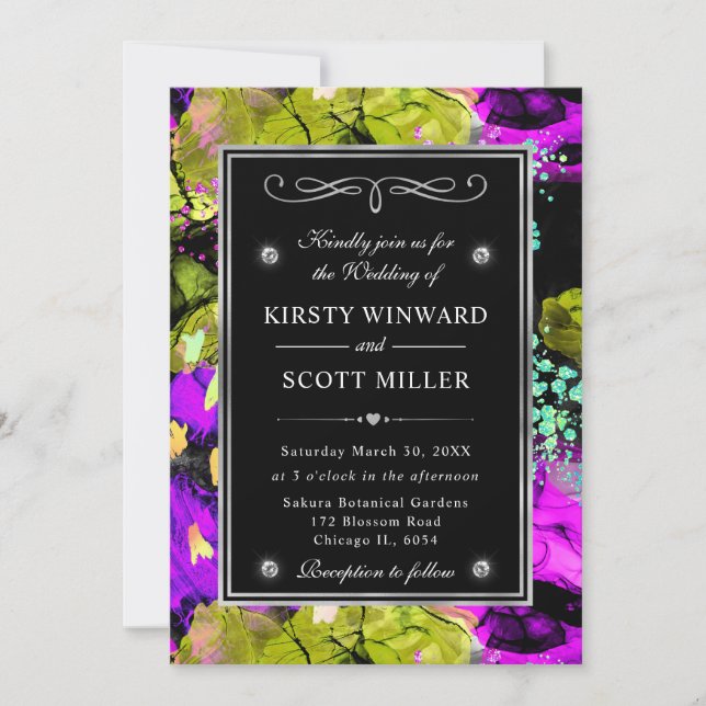 Invitación Marco de Boda Abstracto de Brillo de Neón Arcoíris (Anverso)