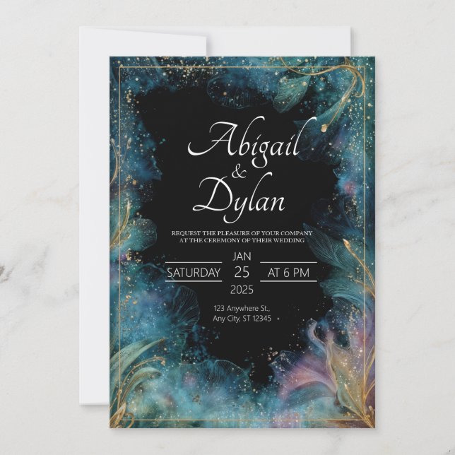 Invitación Marco de Boda Celestial de Hoja de Oro Verde Turqu (Anverso)