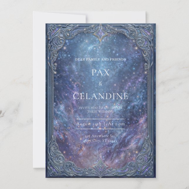 Invitación Marco de Boda Celestial Galaxia de Plata Ornamenta (Anverso)
