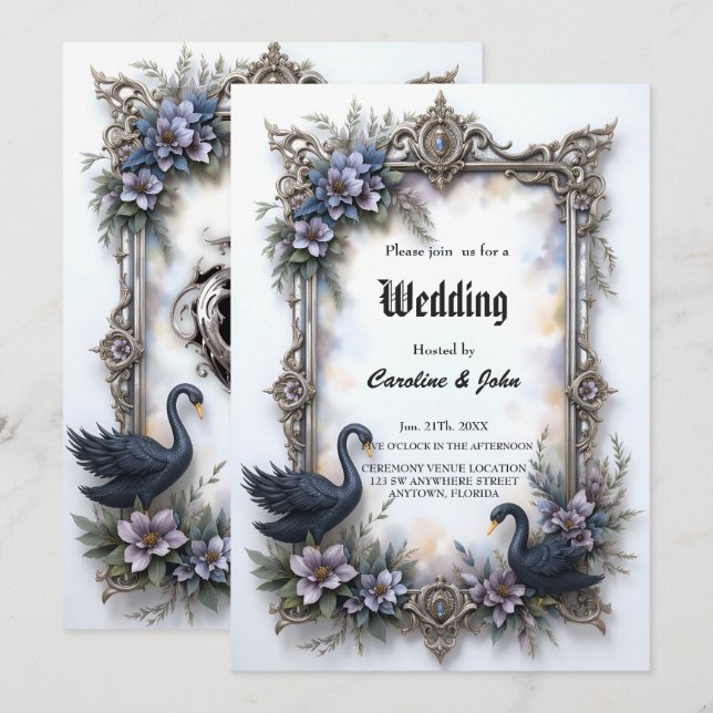 Invitación Marco de Boda Cisne Negro Romance Gótico Amor (Anverso / Reverso)