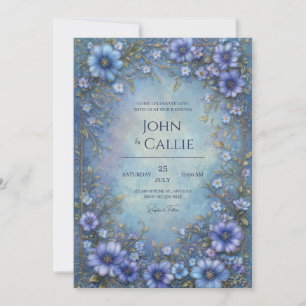 Invitación Marco de Boda con Flor Ornamental Azul Azure
