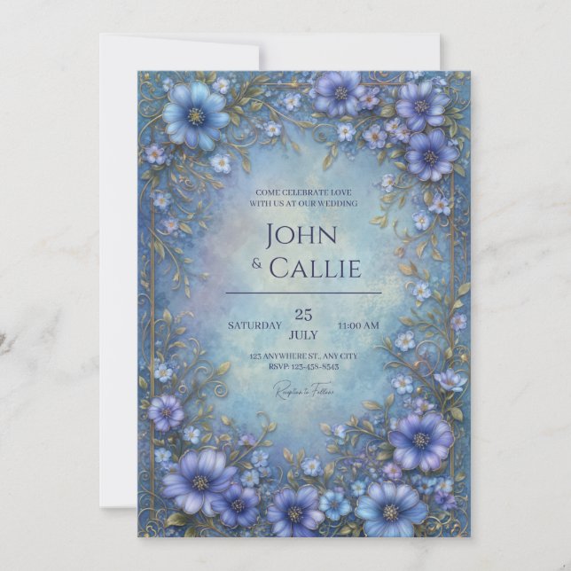 Invitación Marco de Boda con Flor Ornamental Azul Azure (Anverso)