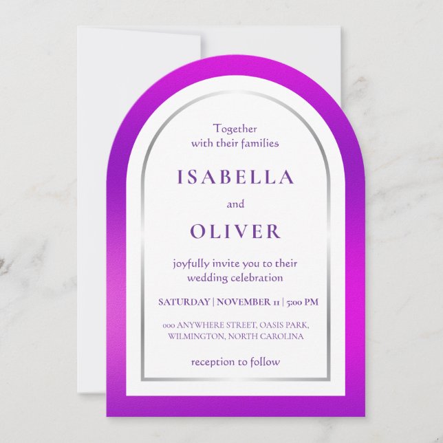 Invitación Marco de boda con gradiente de plata púrpura (Anverso)