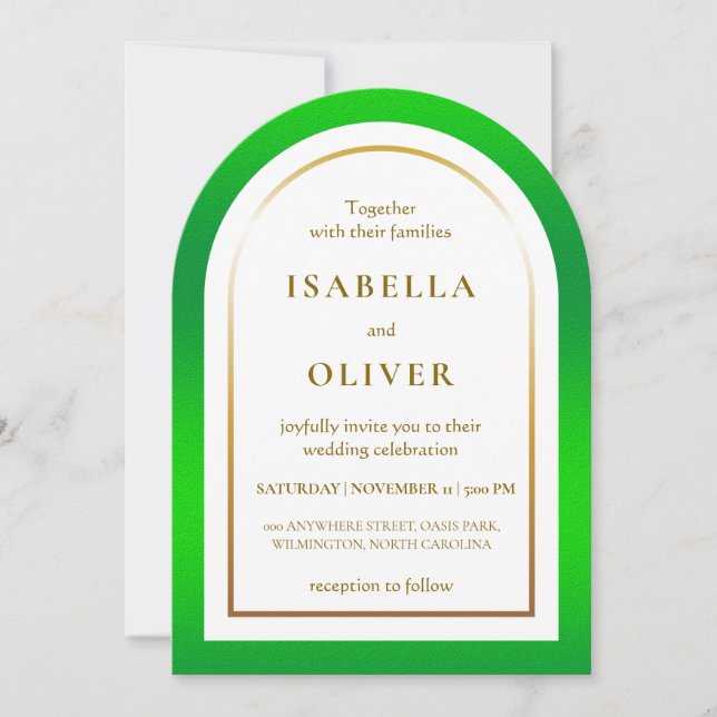 Invitación Marco de boda con gradiente verde y dorado de hier (Anverso)
