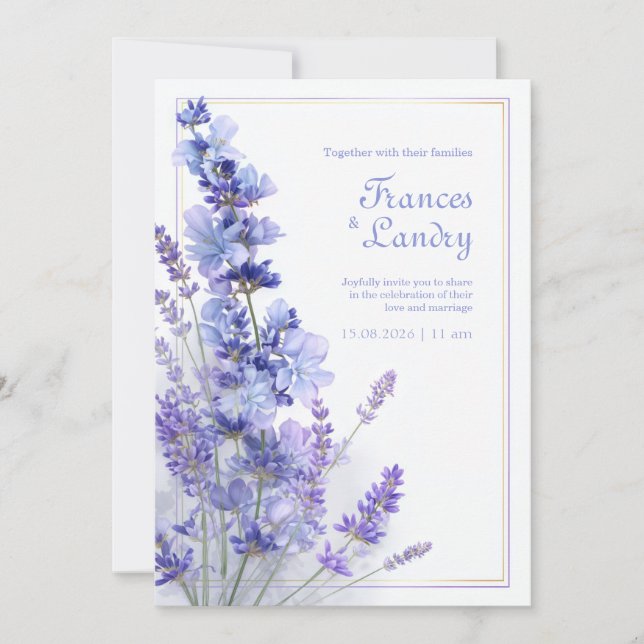 Invitación Marco de Boda de Filigrana de Oro Lavanda Periwink (Anverso)