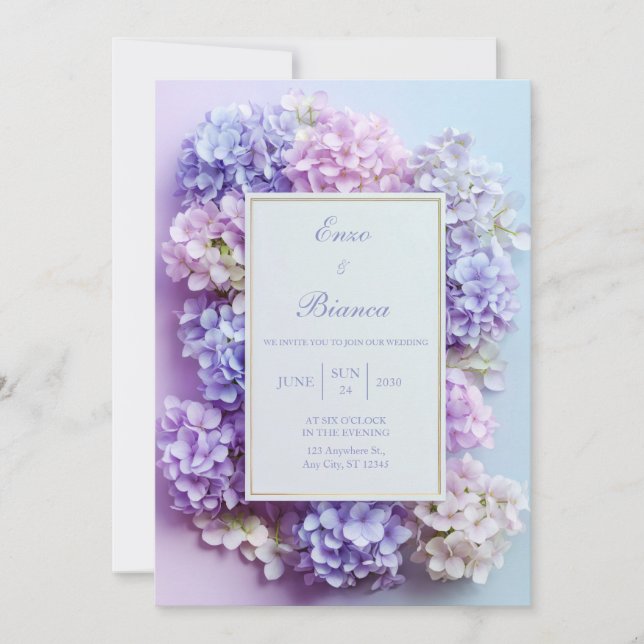 Invitación Marco de Boda de Hortensia Lavanda con Inserción d (Anverso)