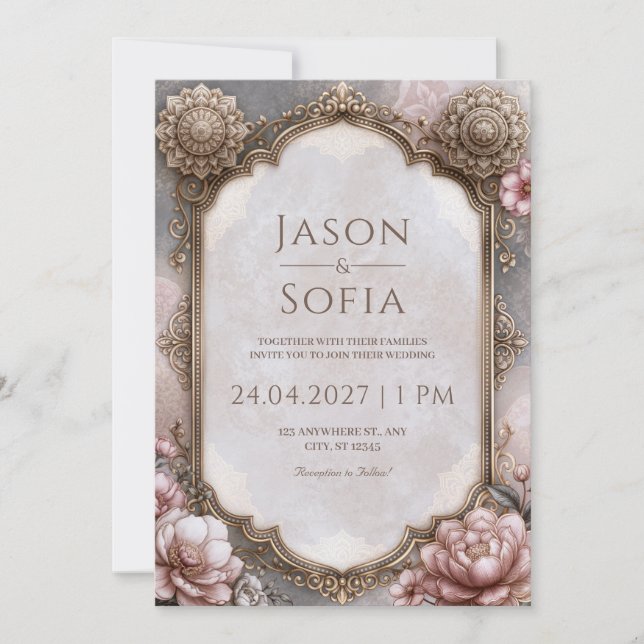 Invitación Marco de Boda de Mandala con Arco Sonrosado (Anverso)