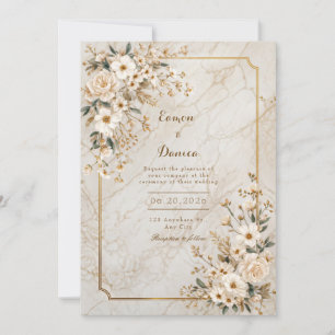 Invitación Marco de boda de mármol floral marfil dorado