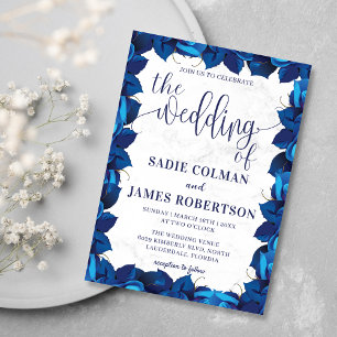Invitación Marco de boda floral de mármol azul naval y blanco