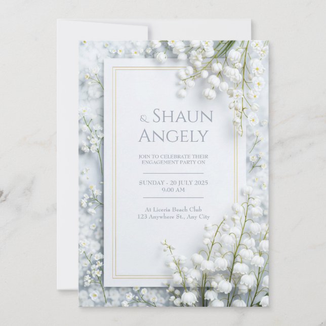 Invitación Marco de Boda Mármol Dorado Valle de Lirio Blanco (Anverso)