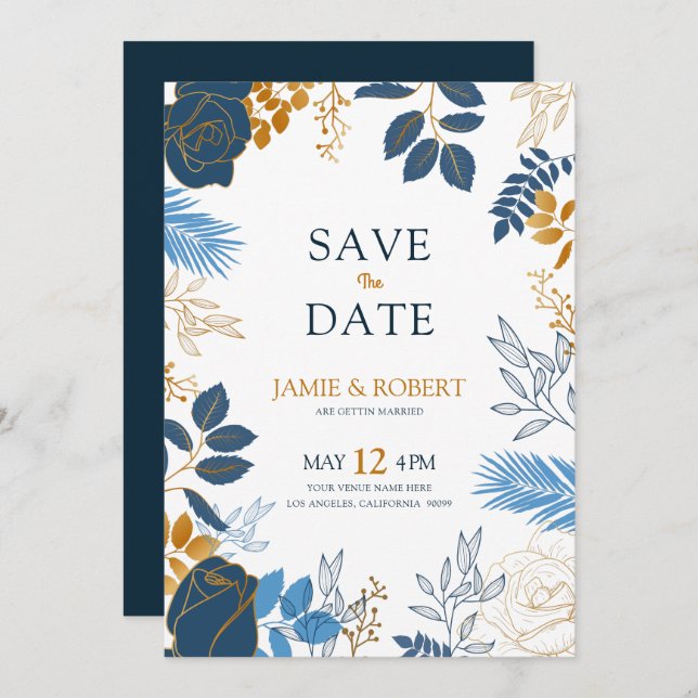 Invitación Marco de boda moderno con flores doradas y azules (Anverso / Reverso)