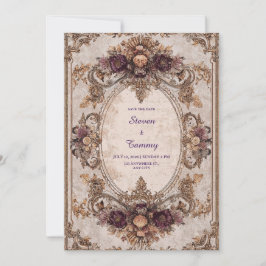 Invitación Marco de Boda Oval Floral Ciruela Dorada Barroca