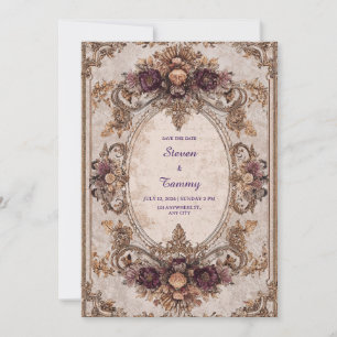 Invitación Marco de Boda Oval Floral Ciruela Dorada Barroca