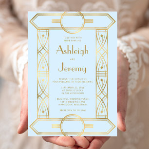 Invitación Marco de Boda Vintage Deco Dorado Bebé Azul