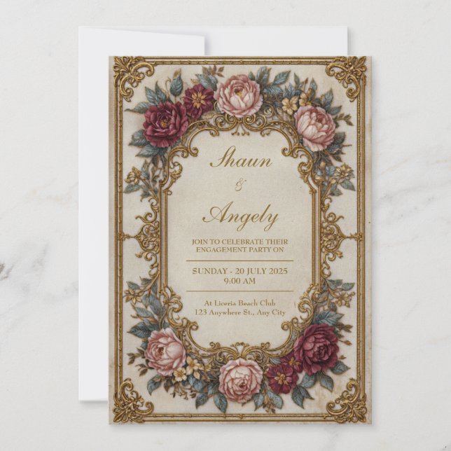 Invitación Marco de bodas barroco dorado ornamentado rosa Bor (Anverso)