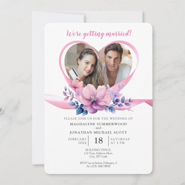 Invitación Marco de cinta de fotos de la pareja y flores rosa (Anverso)