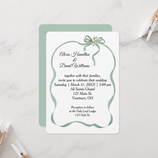 Invitación Marco de cinta verde y lazo para boda Sage (Anverso/Reverso In Situ)