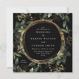 Invitación Marco de Círculo de Oro Negro Boho Eucalyptus Botá
