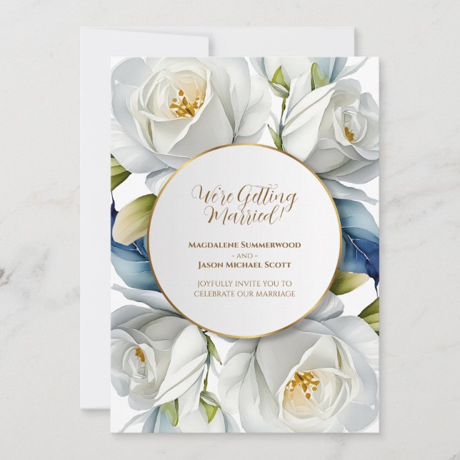 Invitación Marco de círculo dorado fondo floral de rosas blan (Anverso)