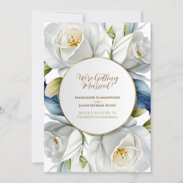Invitación Marco de círculo dorado fondo floral de rosas blan