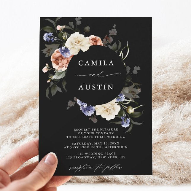 Invitación Marco de círculo floral de jardín Boda negro (Subido por el creador)