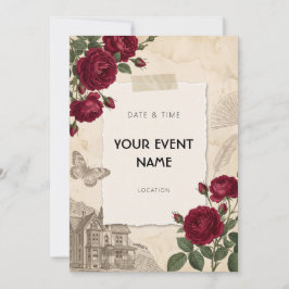 Invitación Marco de Collage Rosa Roja Victoriana Antigüo