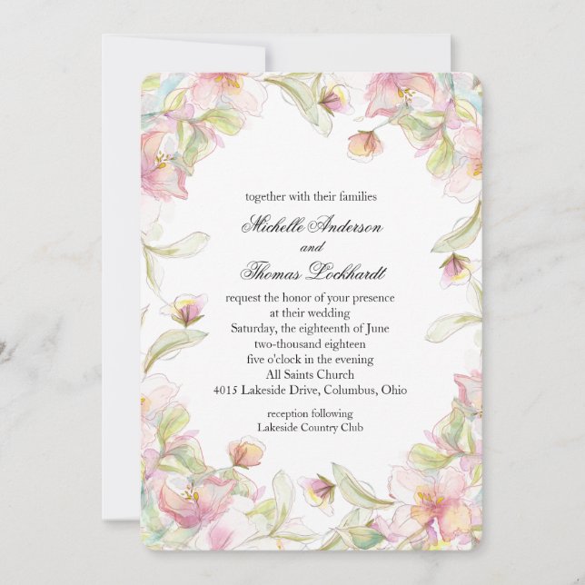 Invitación Marco de color de agua rosa floral (Anverso)