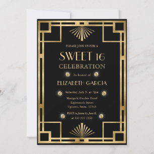 Invitación Marco de color negro y dorado Art Deco dulce 16