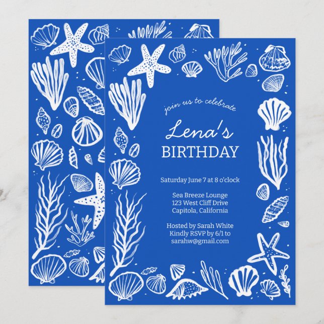 Invitación Marco de conchas de cumpleaños Fiesta Azul Playa P (Anverso / Reverso)