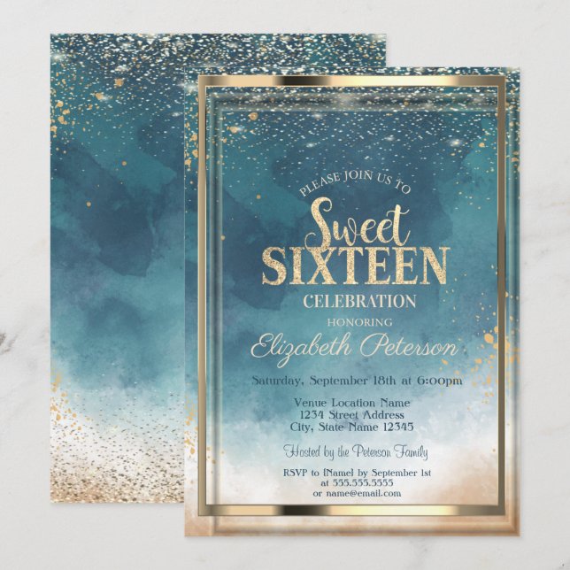 Invitación Marco de Confeti Dorado Salpicadura de Acuarela Du (Anverso / Reverso)