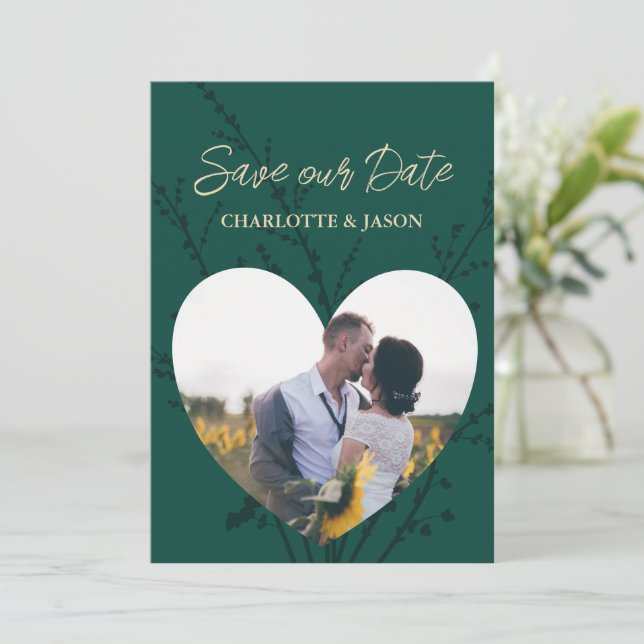 Invitación Marco de Corazón de Foto Verde Esmeralda para Anun (Anverso de pie)