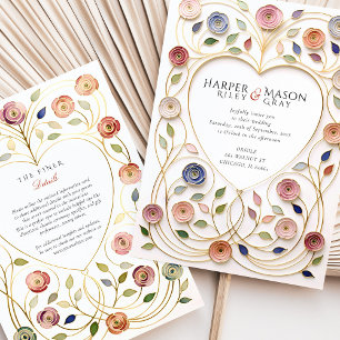 Invitación Marco de Corazón Dorado Floral Esmalte Boda
