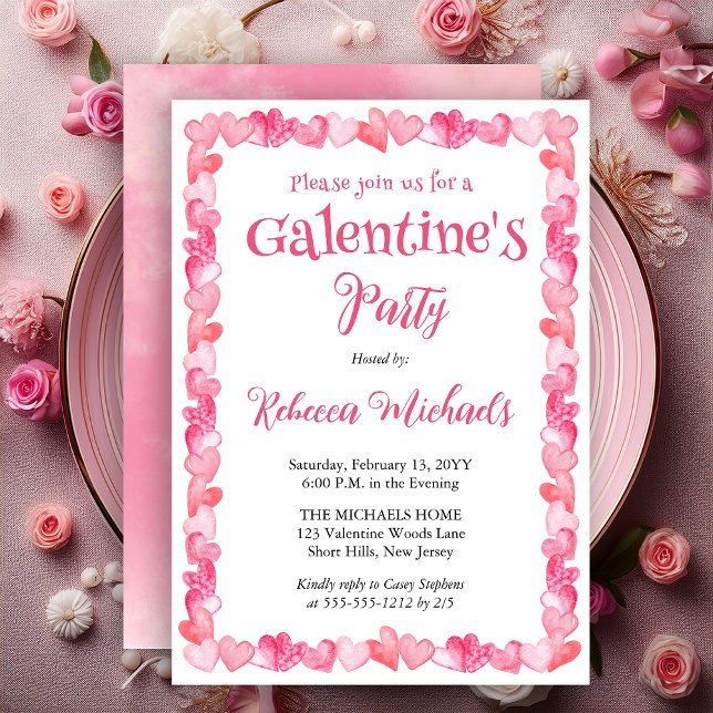 Invitación Marco de Corazones Dulces Fiesta de Galentine's Da (Sweet Hearts Frame Galentine’s Party Invitation | Pink Watercolor Valentine Invite - Print Digital)